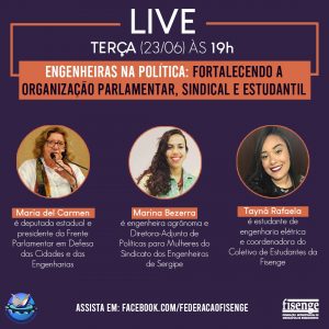 Engenheiras na política será tema de live da Fisenge nesta terça-feira