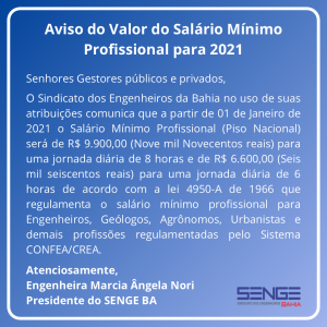 Aviso do Valor do Salário Mínimo Profissional para 2021